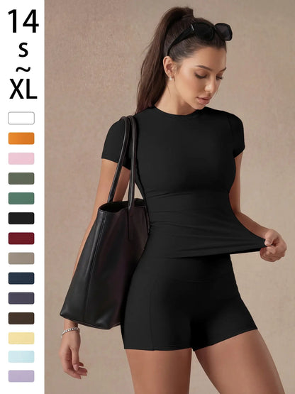 Women'S Solid Color Set, Basic Versatile T-Shirt Top, Fashion Multi-Purpose Slimming Hip-Lifting Gym Shorts, Yoga Fitness Gym, Multifunctional Sportswear