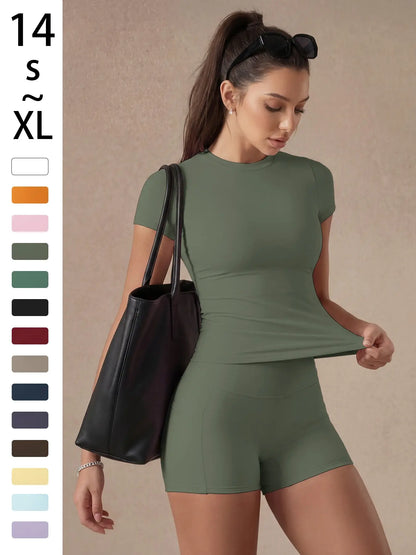 Women'S Solid Color Set, Basic Versatile T-Shirt Top, Fashion Multi-Purpose Slimming Hip-Lifting Gym Shorts, Yoga Fitness Gym, Multifunctional Sportswear