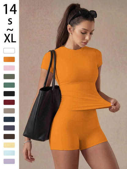 Women'S Solid Color Set, Basic Versatile T-Shirt Top, Fashion Multi-Purpose Slimming Hip-Lifting Gym Shorts, Yoga Fitness Gym, Multifunctional Sportswear