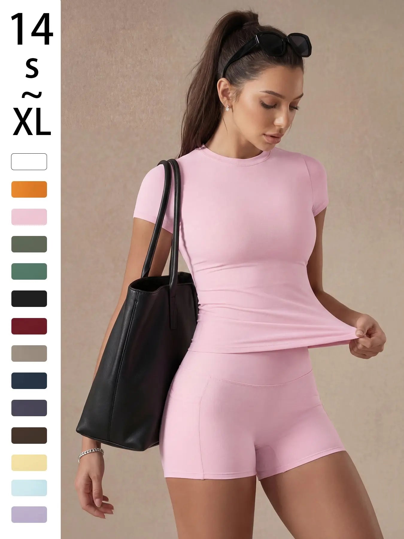 Women'S Solid Color Set, Basic Versatile T-Shirt Top, Fashion Multi-Purpose Slimming Hip-Lifting Gym Shorts, Yoga Fitness Gym, Multifunctional Sportswear